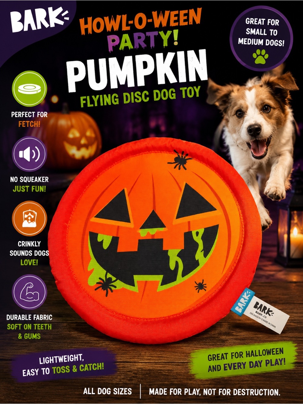 Bark Pumpkin Jack-O'-Lantern Orange and Black Flying Disc Dog Toy